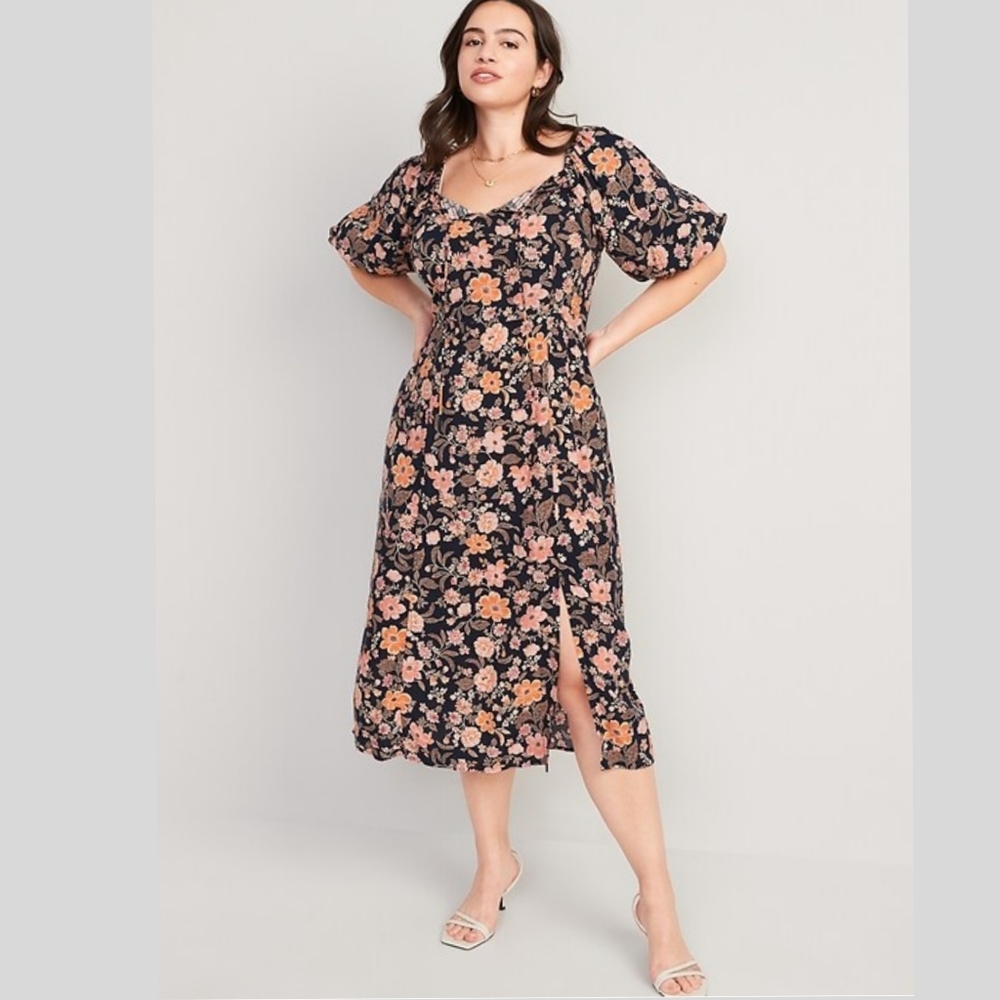 Old Navy Floral Puff Short Sleeve Midi Dress Square Neckline Flower Blue Small